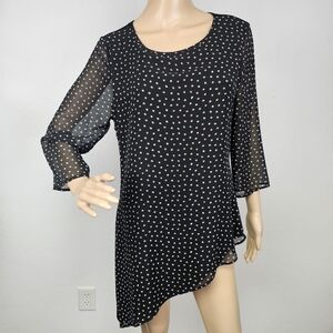 Chico's Travelers Tunic Black Knit Body Sheer Polka Dot Overlay & Sleeves Sz S